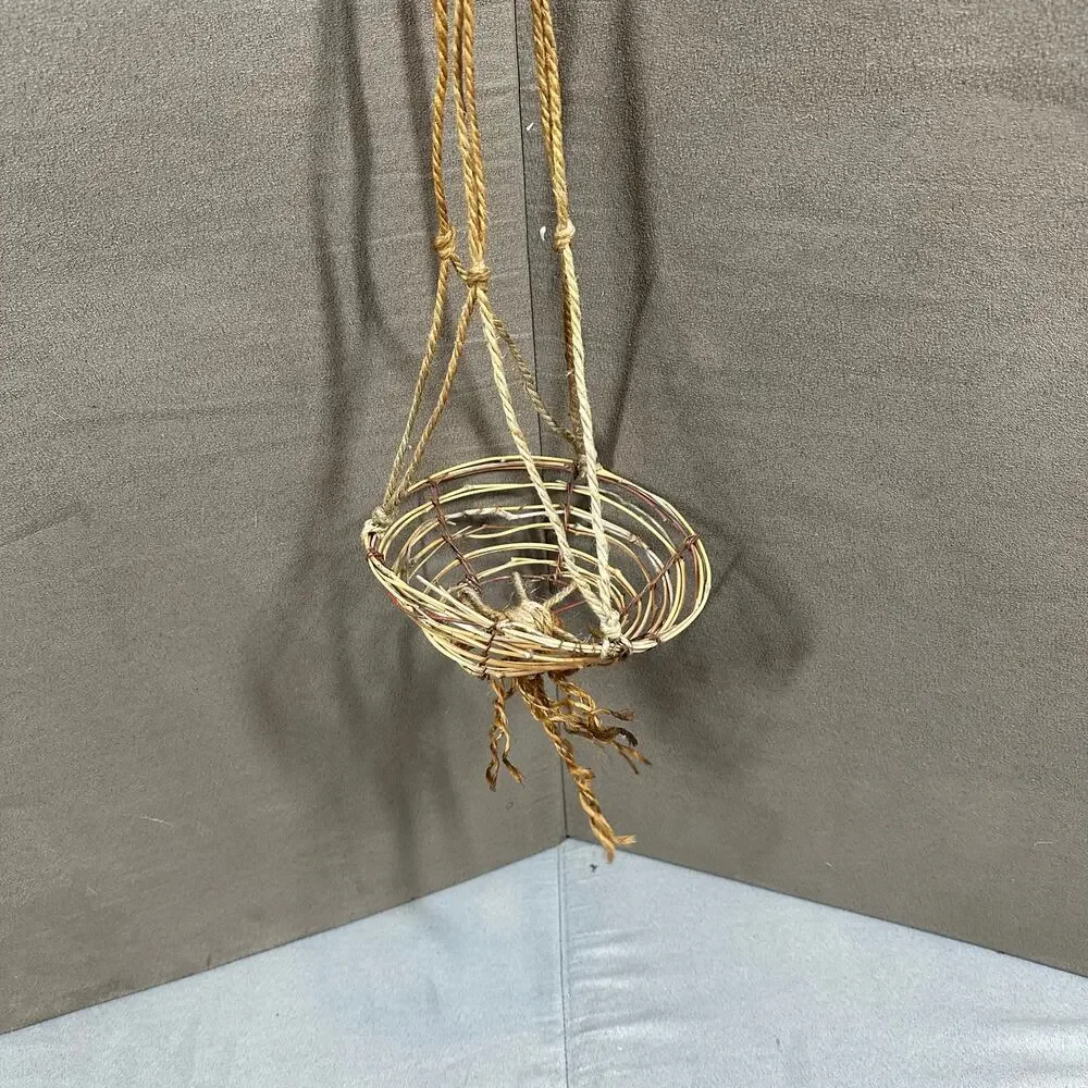 Small Woven Hanging Plant Basket Rope Sticks Handmade Minimalist Boho Natural